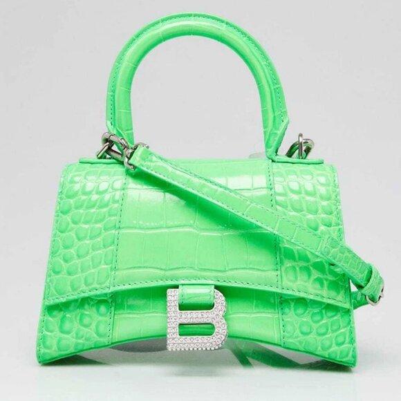 Balenciaga Bright Green Croc Embossed Leather Hourglass Crystal XS Top Handle... - Picture 1 of 12